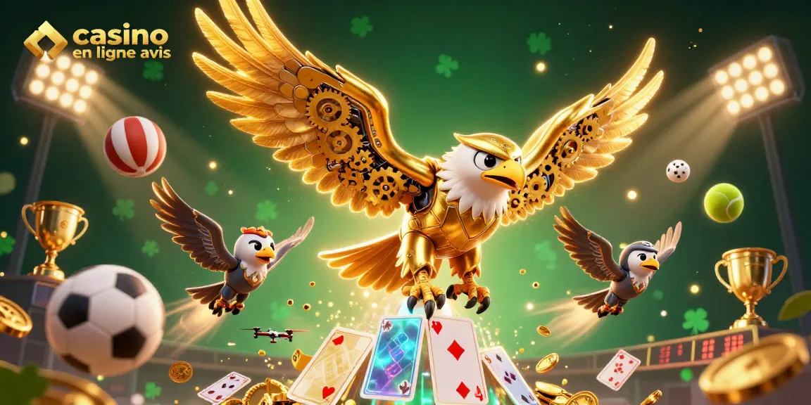 Casino en ligne avis : Une scène dynamique mettant en avant des cartes de jeu holographiques et des éléments sportifs.