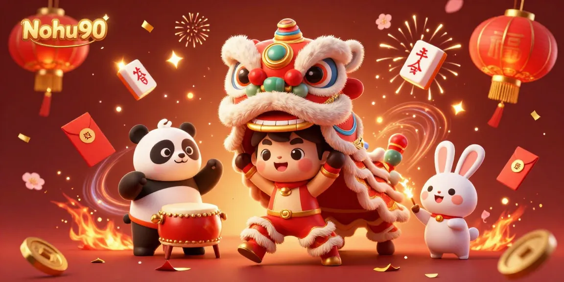 Nohu90 celebrates wins with dazzling lion dance and festive gaming elements in this vibrant composition.
