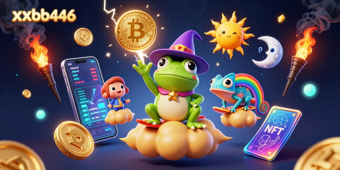 Experience the excitement of gambling with xxbb446, featuring a whimsical wizard frog and chameleon amidst golden coins and crypto elements.