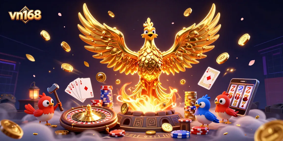 Experience the thrill of vn168 with a golden phoenix and dynamic casino elements in a vibrant 3D scene.