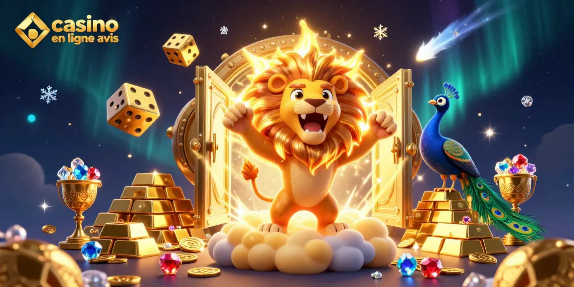 Casino en ligne avis avec un lion solaire et des dés dorés, scintillant d'or et de joyaux.