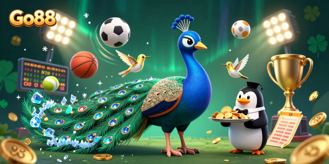Go88 delivers exciting sports betting action featuring a peacock, penguin, and hummingbird amidst dynamic gameplay elements.