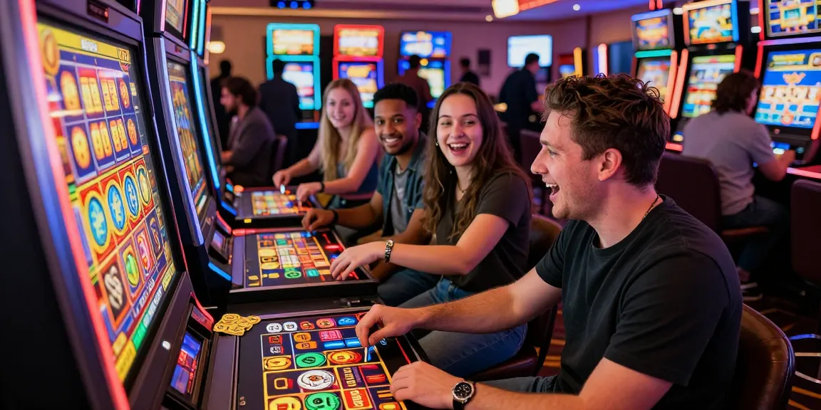 Excited friends cheering at a slot machine in a vibrant casino setting.
