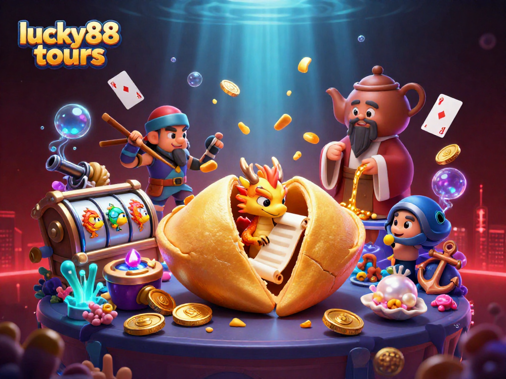 Engage with the lucky88 tours as the giant golden fortune cookie reveals fortune scrolls in a vibrant casino scene.