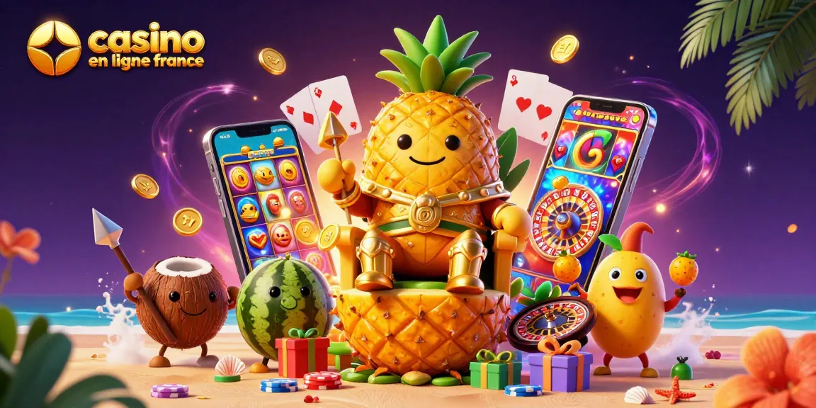Casino en ligne France avec un roi ananas doré, des jeux de machines à sous et des pièces dorées en arrière-plan.