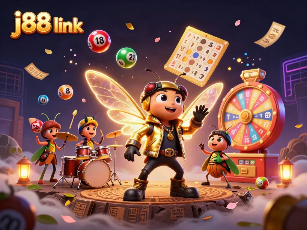 Engage in a vibrant gaming world with the j88 link featuring colorful lottery elements and energetic characters.