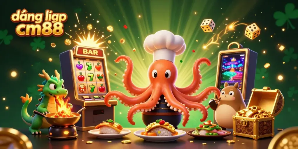 Experience gaming excitement with the đăng nhập cm88 scene featuring a dynamic sushi chef octopus and vibrant casino elements.