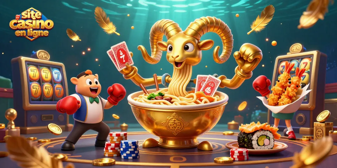 Illustration dynamique d'un site de casino en ligne avec un bol de ramen géant et des personnages de jeux.