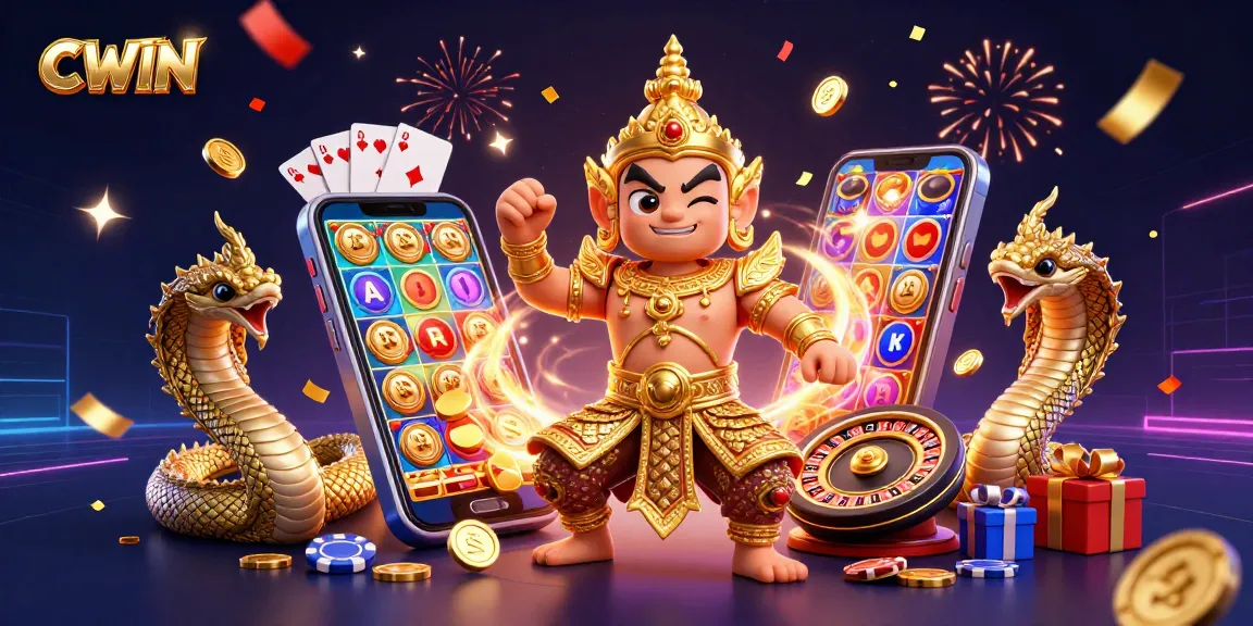 CWIN brings excitement with a Thai temple guardian, Naga companions, and casino games in a festive 3D scene.