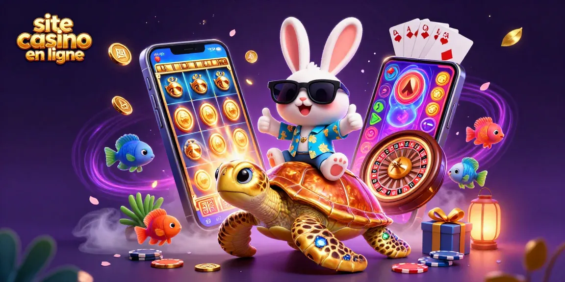 Plongez dans le site casino en ligne avec un lapin chanceux et une tortue dorée, entourés de jeux.
