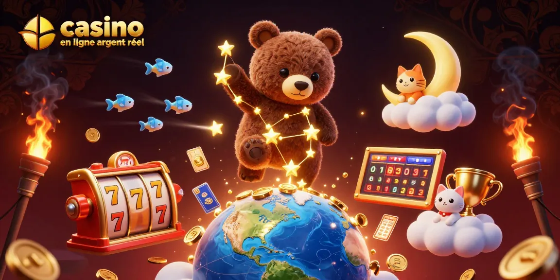 Jouez à un casino en ligne argent réel avec le majestueux ours constellation attrapant des pièces, entouré d'éléments de jeux de machines à sous.