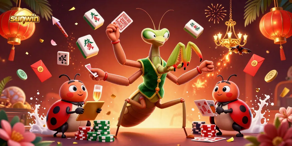 Engage in thrilling gameplay at sunwin featuring vibrant casino characters, mahjong tiles, and golden elements.