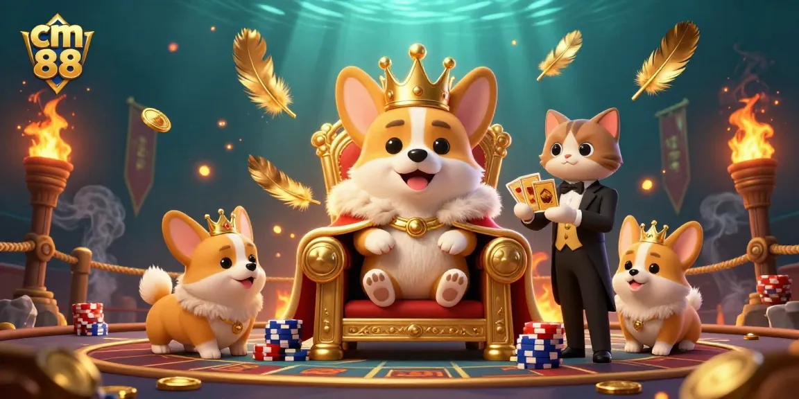 Experience thrilling gameplay with cm 88, featuring a royal corgi on a poker chip throne, dynamic casino scene.