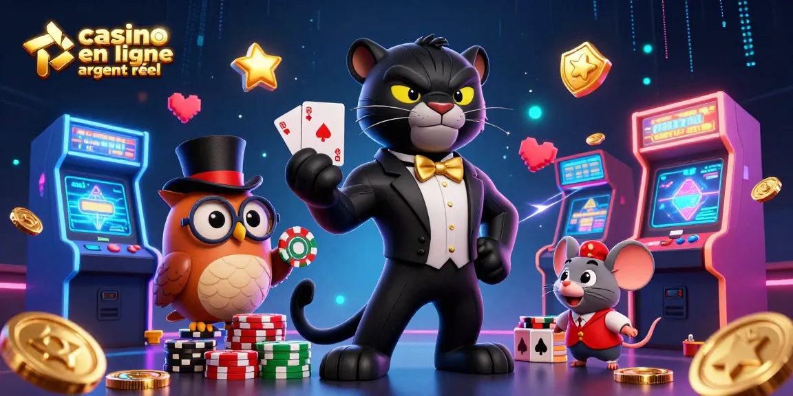 Illustration d'un casino en ligne argent réel avec un panthère élégante distribuant des cartes, un hibou et une souris.