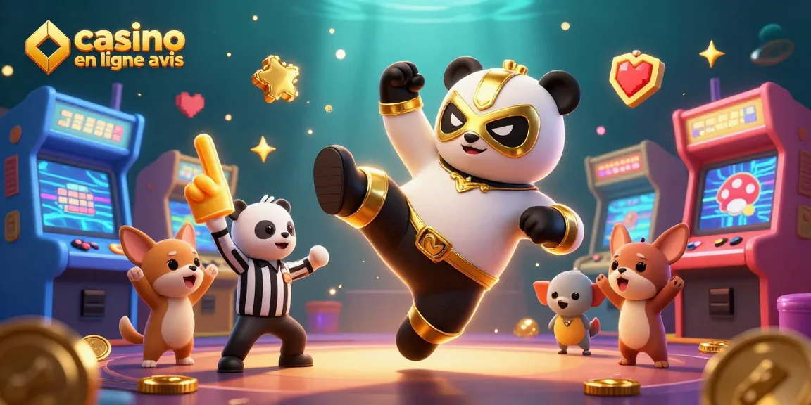 Critiquez les casinos en ligne avis avec une scène de panda lutteur dynamique, un chihuahua arbitre, et des éléments de jeu colorés.