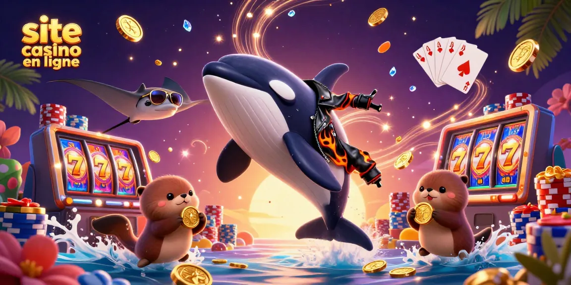 Illustration dynamique d'un site casino en ligne avec une baleine orque et des pièces d'or volantes.