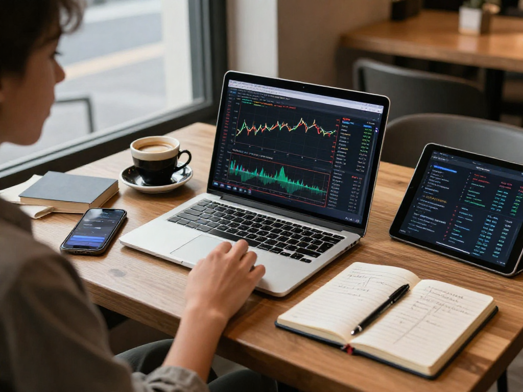 在 metatrader 5 官网 的交易平台上，交易者在咖啡馆中使用笔记本电脑进行金融分析，展示加密货币市场趋势的图表和数字钱包应用的界面。