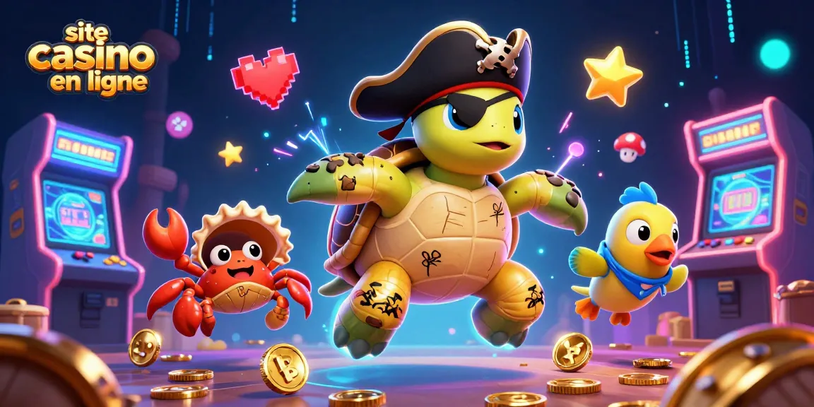Image dynamique d'un site casino en ligne avec une tortue pirate et des éléments de jeu colorés.