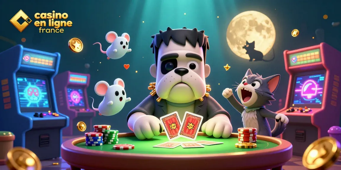 Plongez dans l'univers du jeu avec un bulldog monstre et un chat loup à une table de casino en ligne France.
