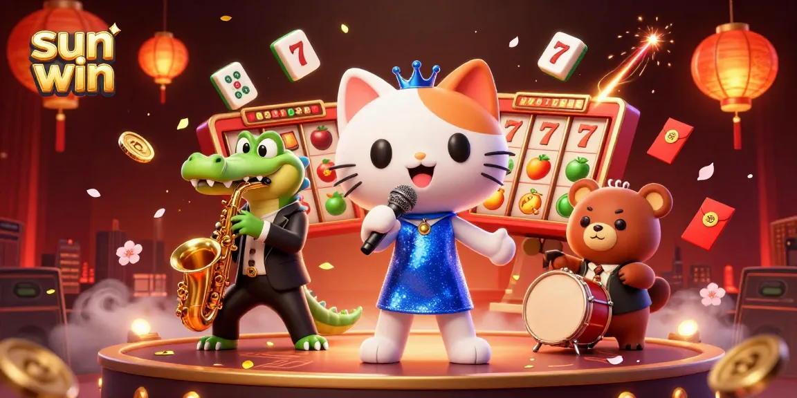 Engage in thrilling gameplay at sun win with a lively illustration of singing cat, saxophone crocodile, and bear cub.