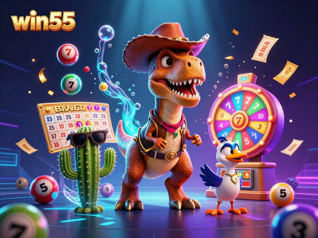 Experience win55 with a vibrant scene featuring a cowboy T-Rex, lottery excitement, and dynamic casino elements.