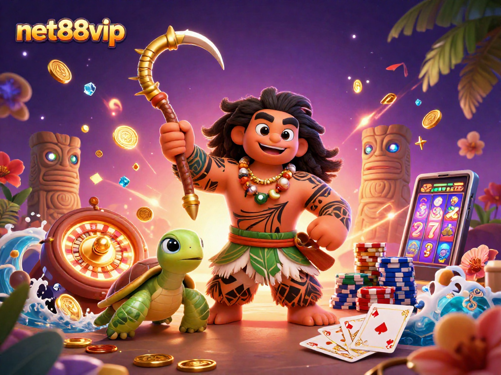 Experience net88vip's vibrant casino adventure with demigod hawk, turtle sidekick, and glowing tiki statues.