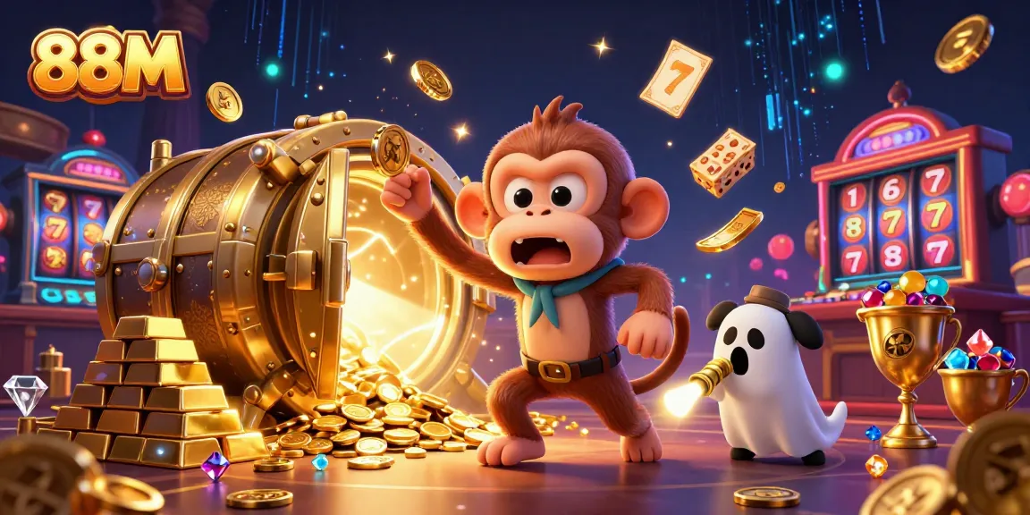 Experience the vibrant casino scene with 88M, featuring a mischievous poltergeist monkey and a curious puppy exploring gold treasures.