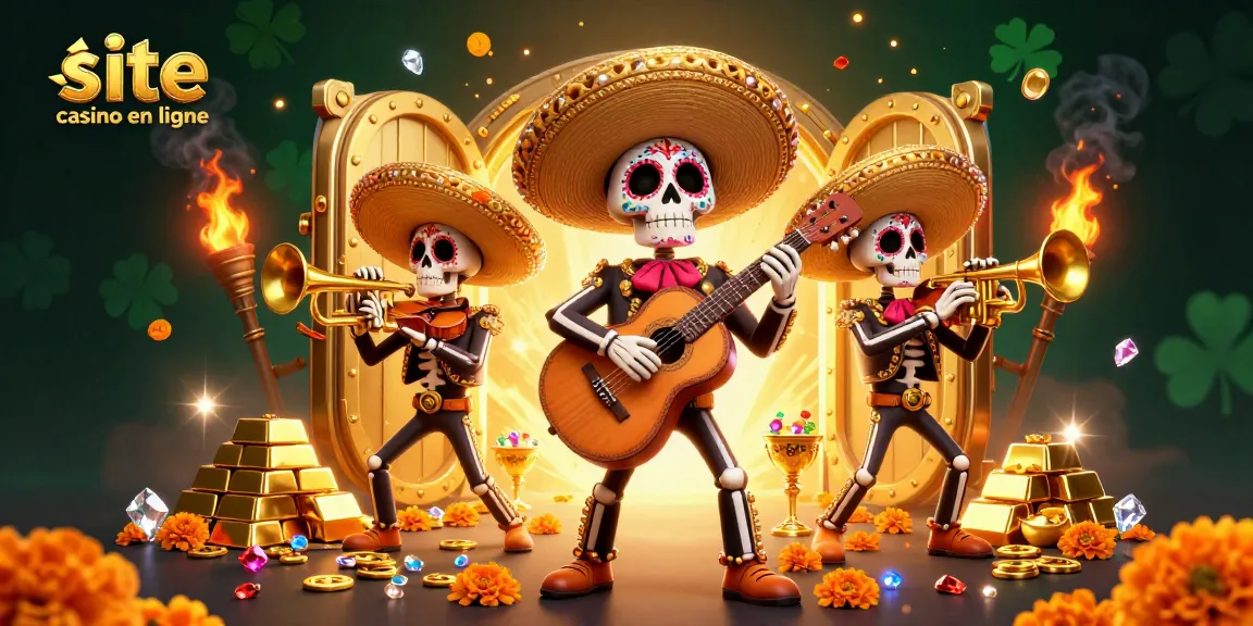 Illustration vibrante représentant un site casino en ligne avec des mariachis squelettes et une richesse scintillante