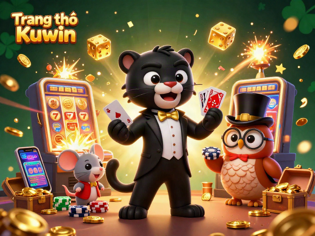 The scene on Trang chủ Kuwin showcases a black panther, owl, and mouse celebrating casino wins with vibrant slot machines and golden coins.