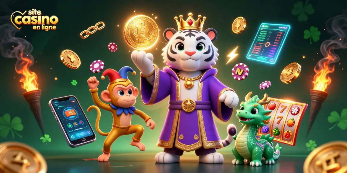 Casino en ligne avec un tigre et un singe, symboles de machines à sous et jetons de poker