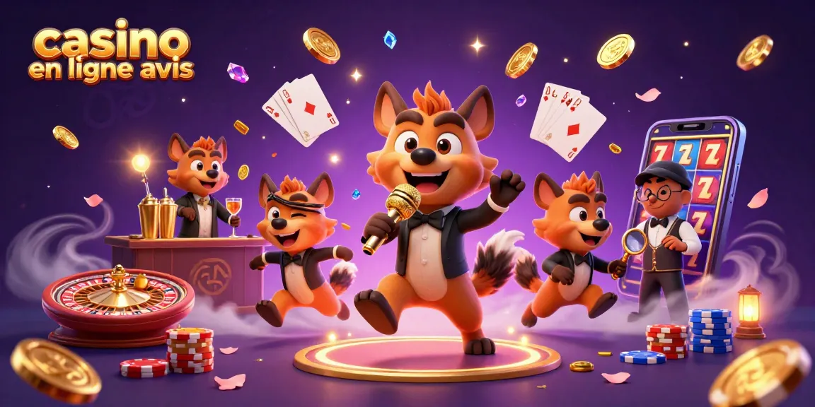 Illustration animée 3D représentant des hyènes dans un casino, avec des avis sur les jeux en ligne.