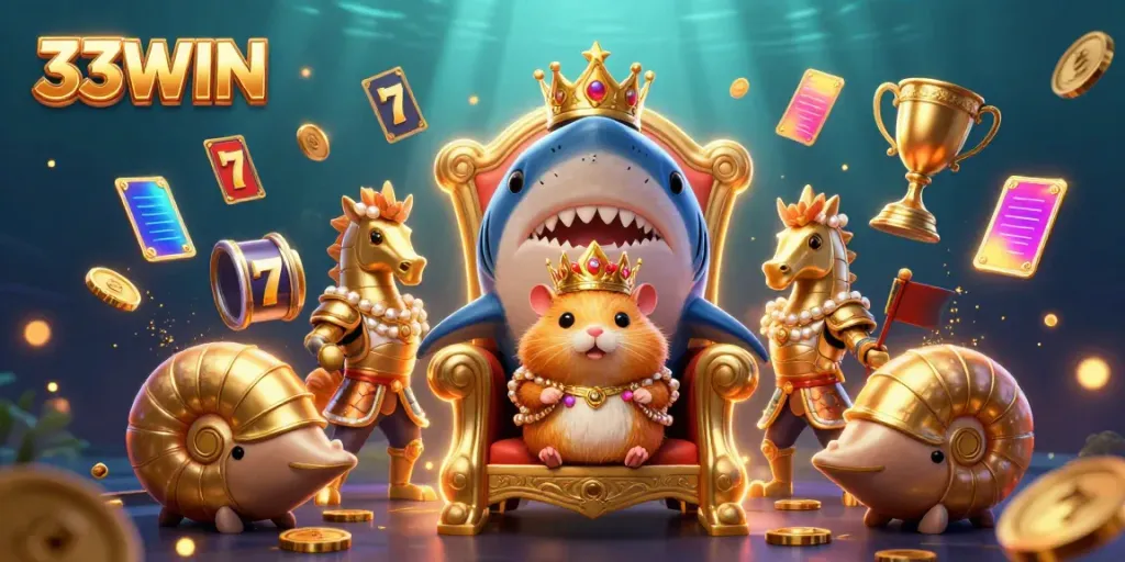 Experience the vibrant world of 33WIN with a golden hamster king and dynamic slot game elements.