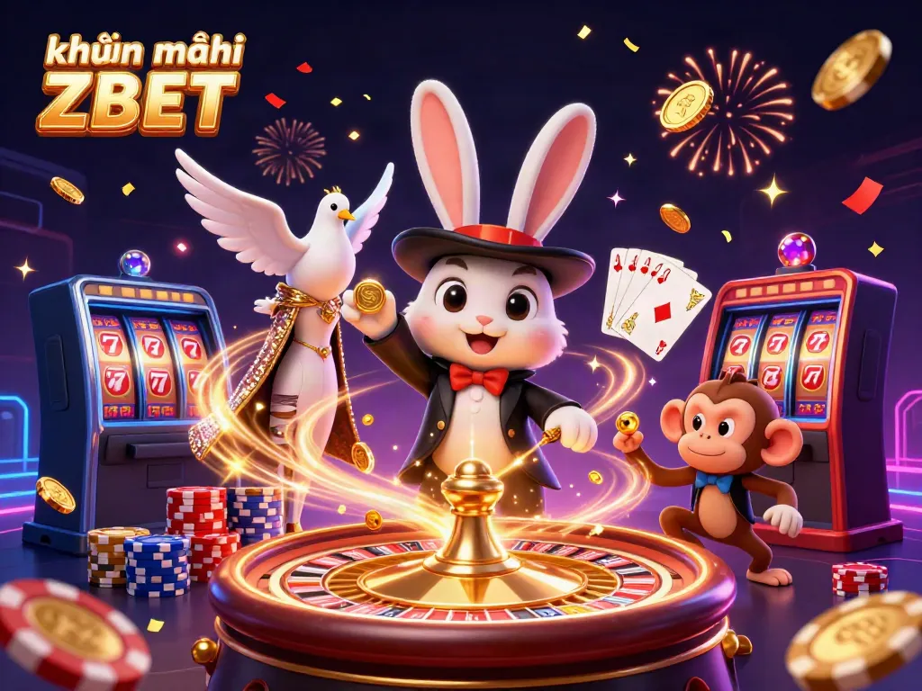 Engage with the vibrant khuyến mãi ZBET scene, where a magician rabbit, a dove, and a monkey bring excitement with coins and poker chips.