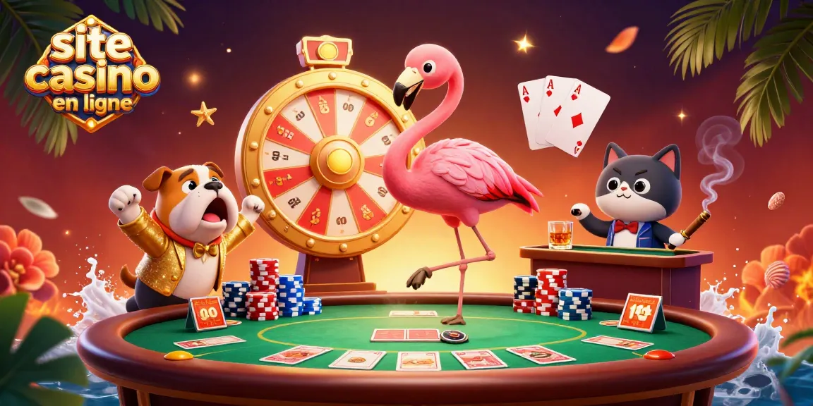 Jeu dynamique d'un site casino en ligne avec un flamant rose, un bulldog et un chat assistant révélant des prix.