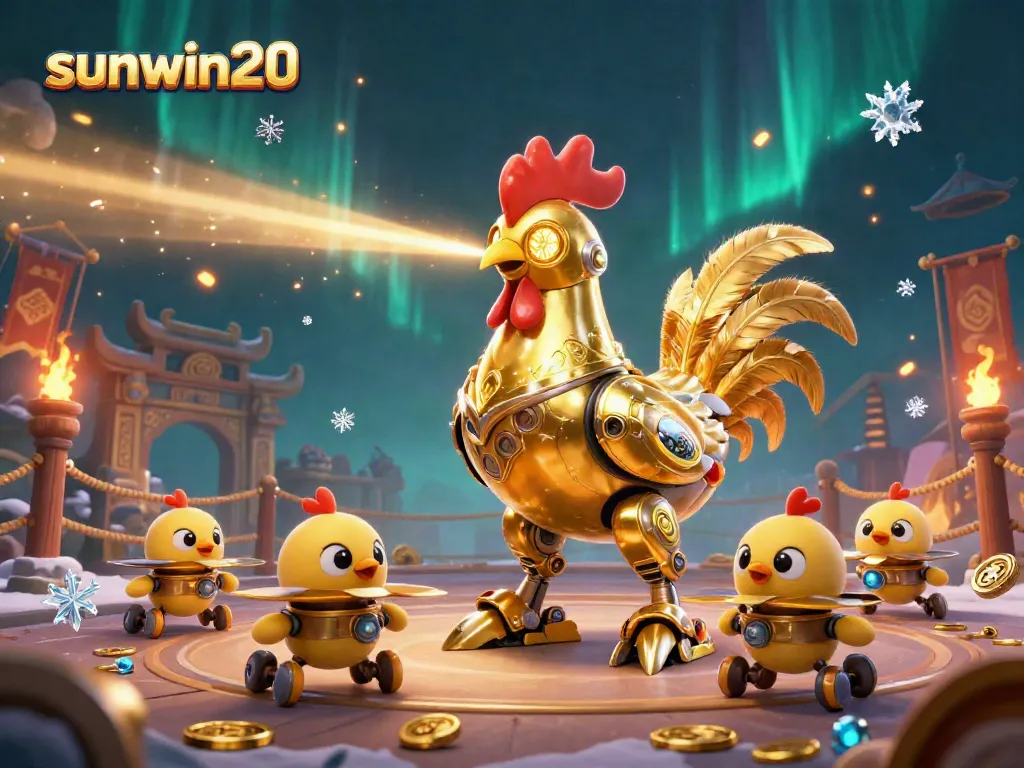 Engage in thrilling gameplay with sunwin20 as the golden rooster robot shoots winning beams amidst a dynamic casino scene.