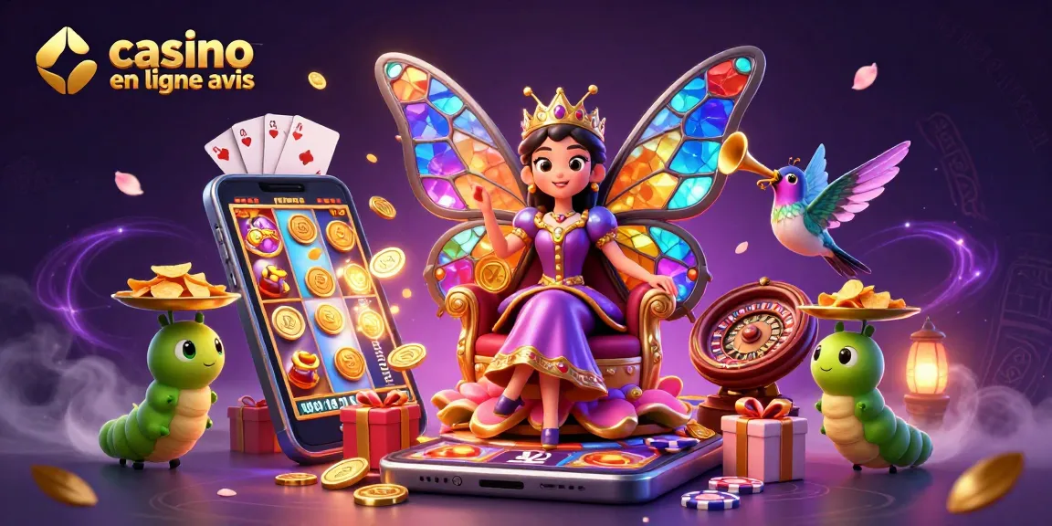 Illustration 3D riche représentant une reine papillon sur un trône, mettant en avant casino en ligne avis et éléments de jeux d'argent.