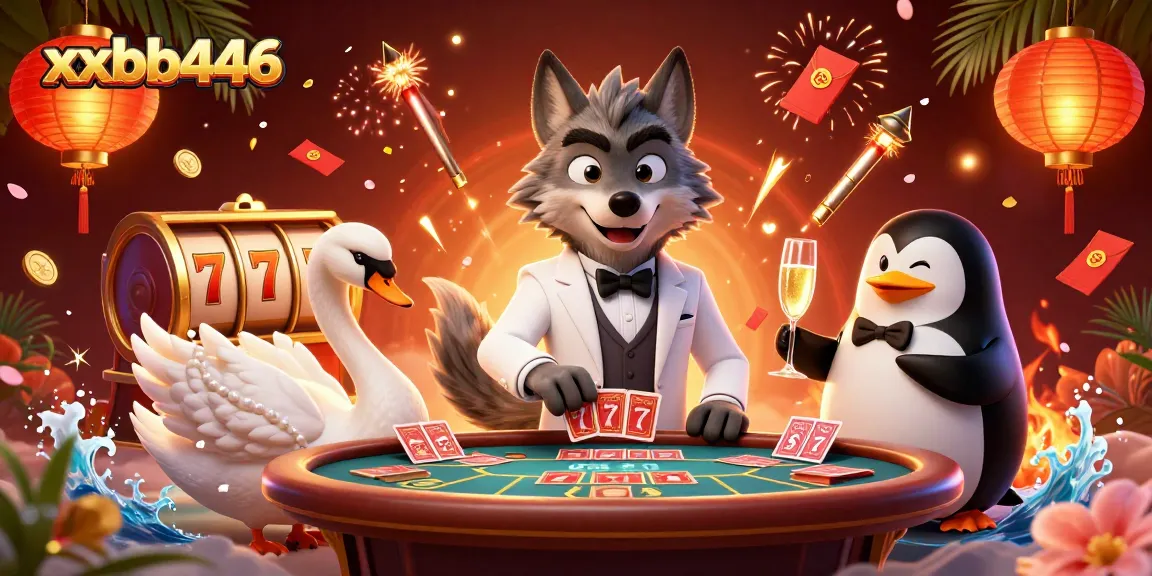 Experience vibrant gaming action at xxbb446 with a jazzed-up casino illustration featuring lively characters and slot game elements.