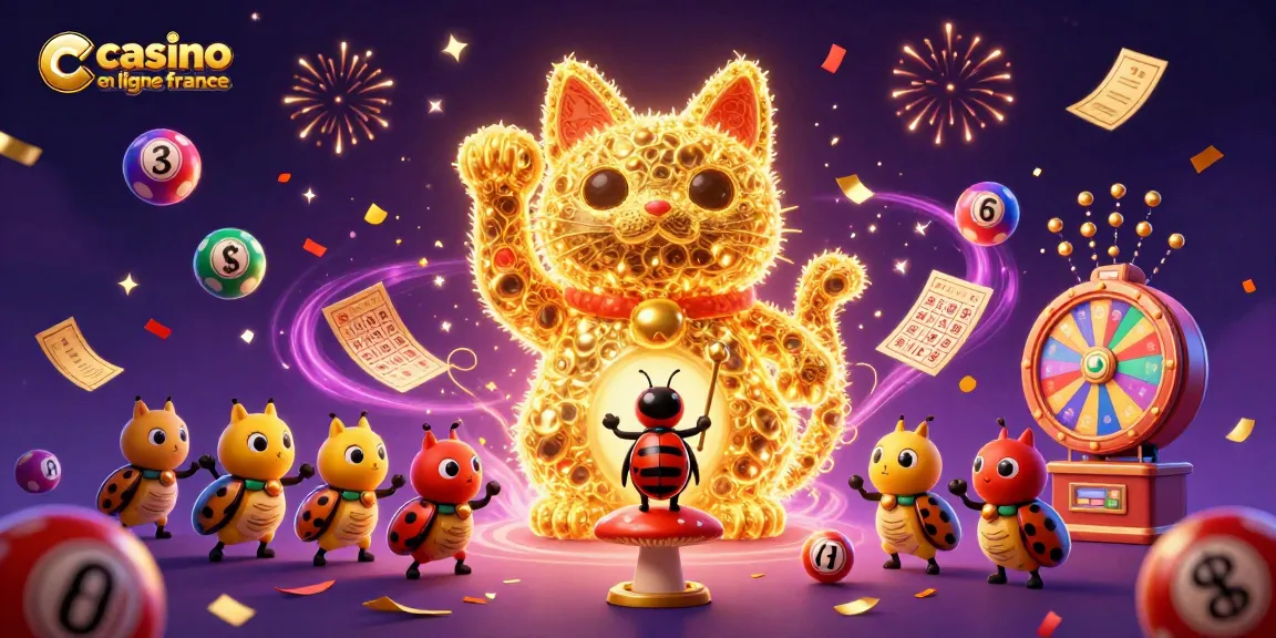 Un chat chanceux en feuillage doré illustre le casino en ligne France, entouré de boules de loterie colorées.