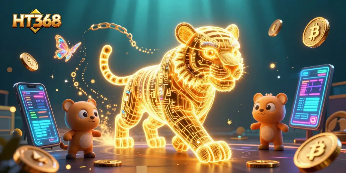 Engage in thrilling gameplay at HT368 with neon tiger amidst crypto-themed casino elements.