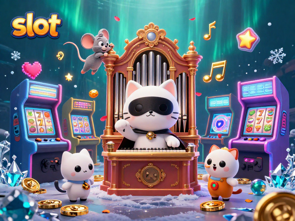 Experience thrilling slot gameplay at our casino with a masked cat and acrobat amidst colorful arcade elements.