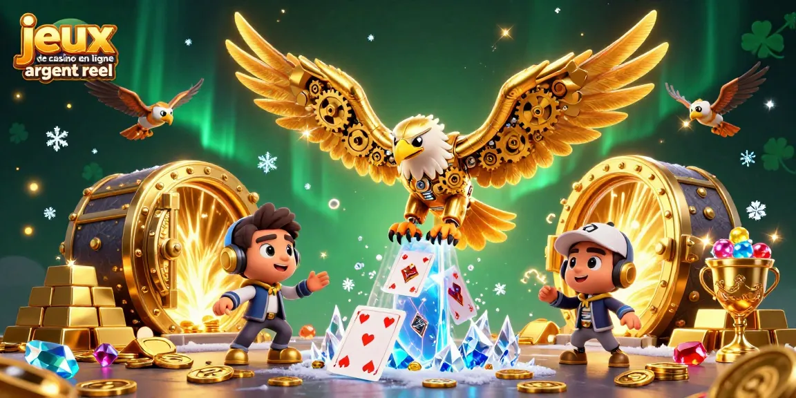 Plongez dans l'univers des jeux de casino en ligne argent réel avec un aigle doré s'envolant à travers des cartes holographiques.