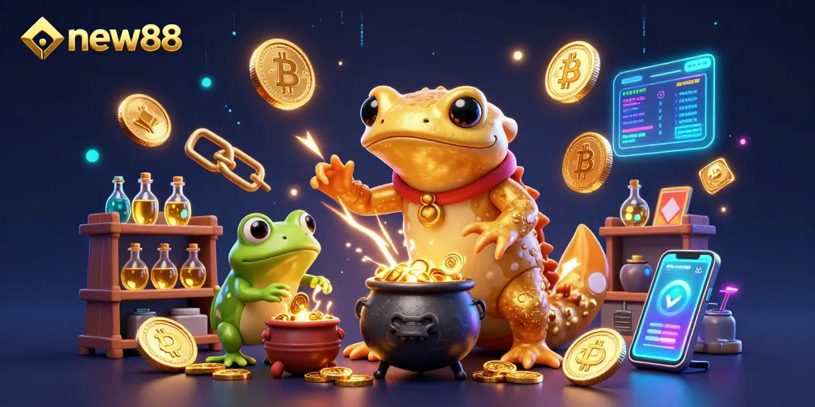 Experience the new88 casino adventure with gold coins and crypto elements in this dynamic illustration.