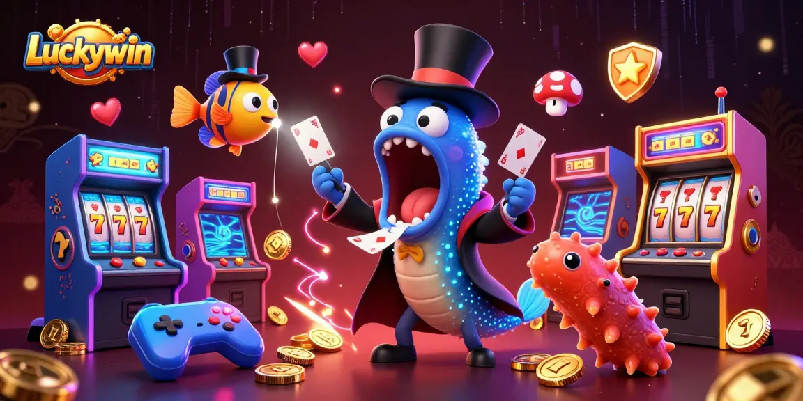 Engage with Luckywin through a whimsical casino scene featuring enchanting sea creatures and vibrant gaming elements.