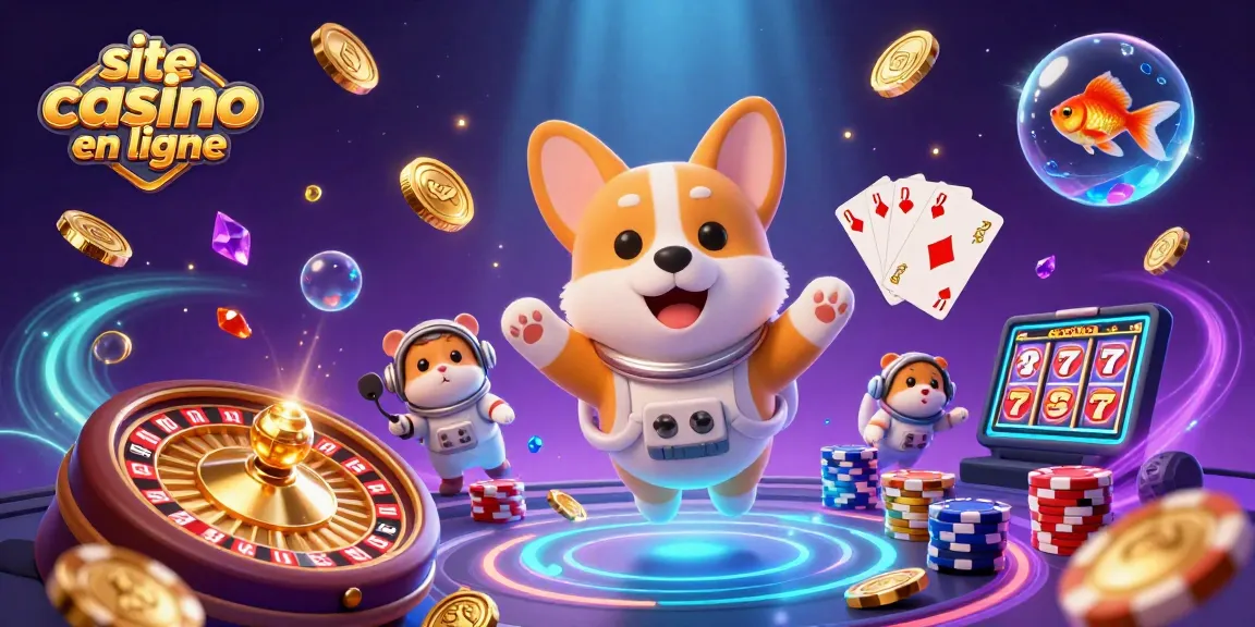 Profitez d'un site casino en ligne avec un corgi astronaute et des éléments de jeux flottants.
