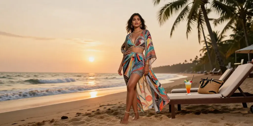 Goa escorts enjoying a sunset beach scene, radiating confidence and elegance.