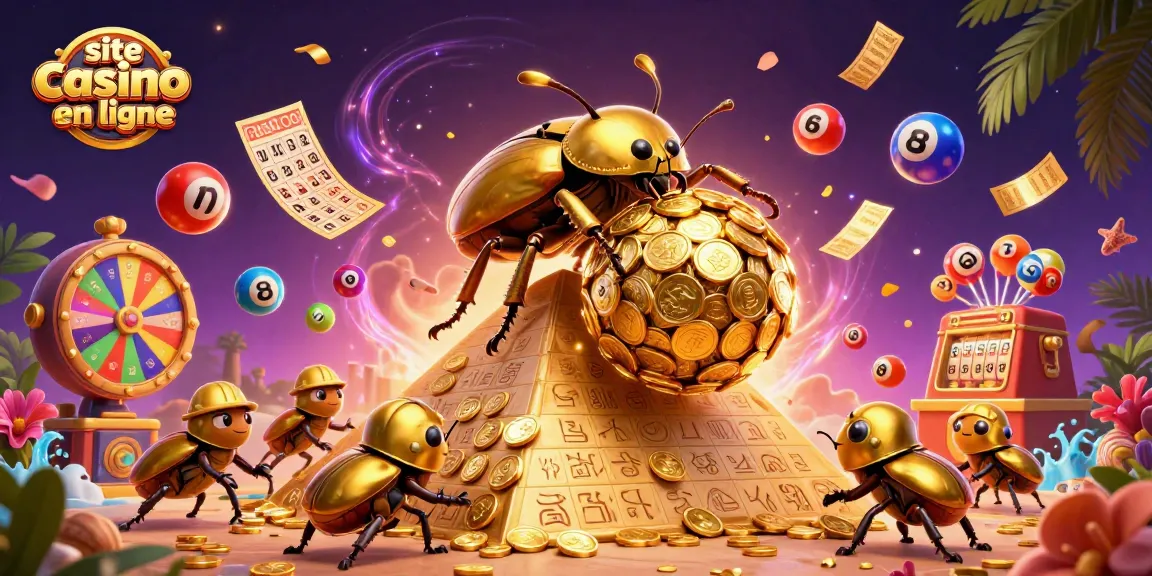 Visualisez le site casino en ligne avec un scarabée doré et des éléments de jeu vibrants.