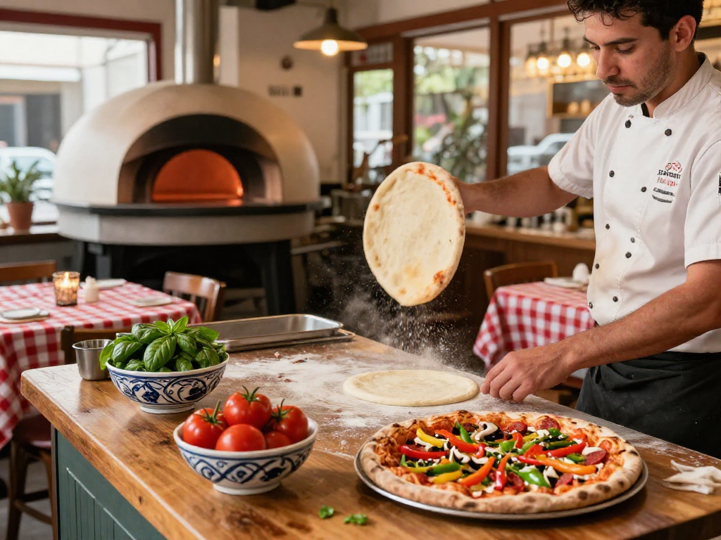 Chef skillfully tossing pizza dough slot with colorful toppings in pizzeria