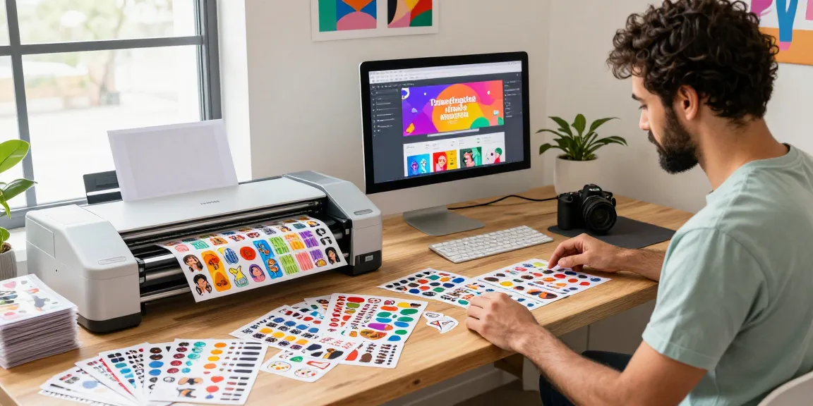 Designer showcasing custom stickers in a creative workspace with vibrant designs and printing equipment.