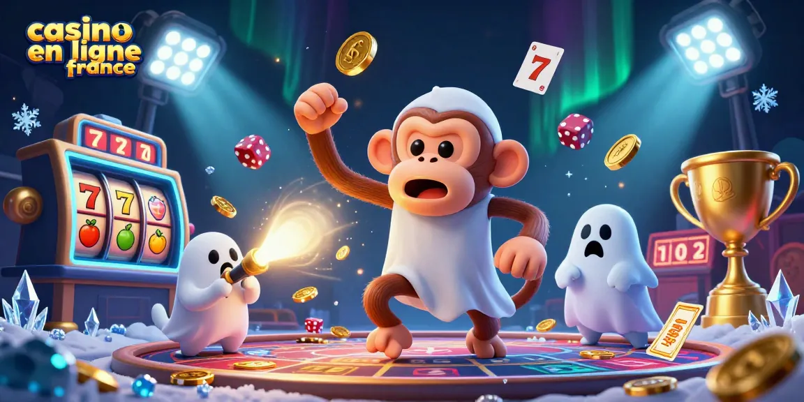 Illustration révolutionnaire de "casino en ligne France" avec un singe poltergeist et un chiot chasseur de fantômes dans un casino hanté.