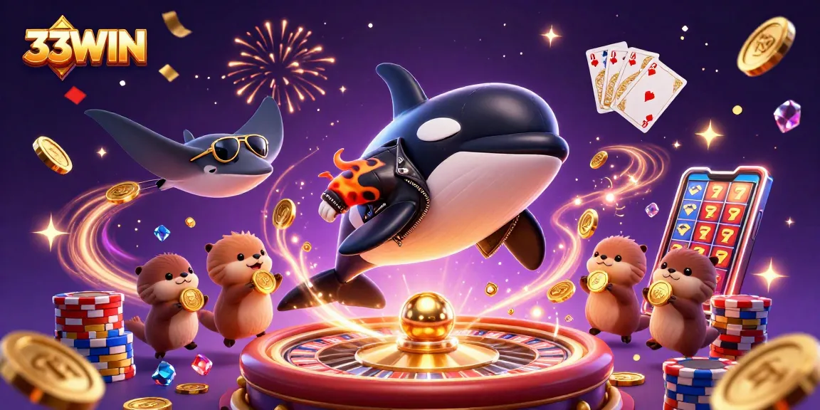 Experience thrilling wins with 33WIN in an engaging casino scene featuring dynamic ocean characters.